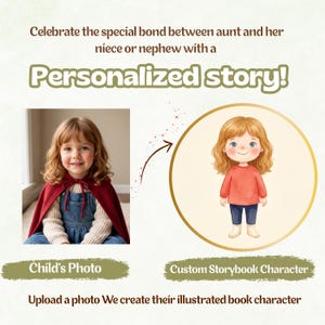 May include: A personalized storybook service featuring a child's photo on the left and a corresponding custom illustrated storybook character on the right. Text reads: Celebrate the special bond between aunt and her niece or nephew with a Personalized story! Child's Photo, Custom Storybook Character, Upload a photo We create their illustrated book character.