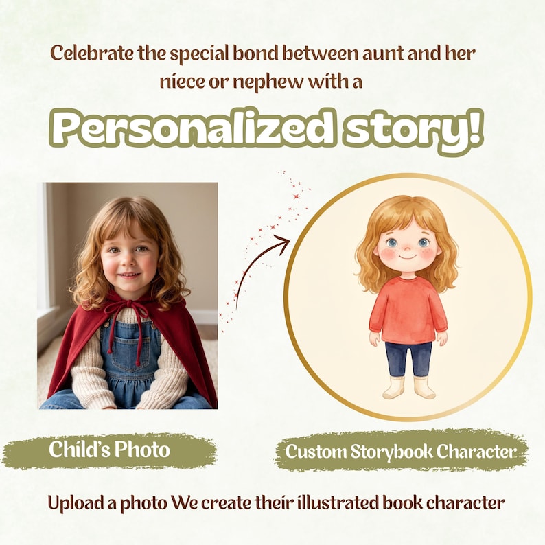 May include: A personalized storybook service featuring a child's photo on the left and a corresponding custom illustrated storybook character on the right. Text reads: Celebrate the special bond between aunt and her niece or nephew with a Personalized story! Child's Photo, Custom Storybook Character, Upload a photo We create their illustrated book character.