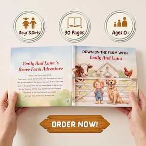 K&ouml;nnte beinhalten: Ein Kinderbuch mit dem Titel Down on the Farm with Emily and Luna, das eine Illustration eines Kindes, eines Hundes, einer Kuh, eines Schafs und eines Huhns auf einem Bauernhof zeigt. Der Text lautet Emily and Luna's Brave Farm Adventure, 30 Pages, Ages 0+.