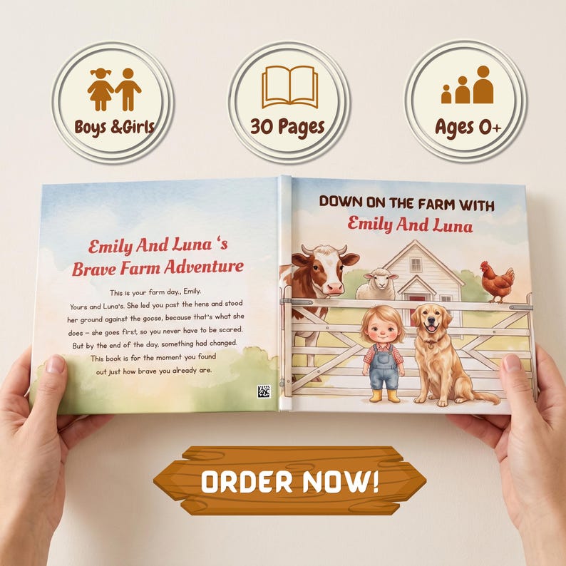 K&ouml;nnte beinhalten: Ein Kinderbuch mit dem Titel Down on the Farm with Emily and Luna, das eine Illustration eines Kindes, eines Hundes, einer Kuh, eines Schafs und eines Huhns auf einem Bauernhof zeigt. Der Text lautet Emily and Luna's Brave Farm Adventure, 30 Pages, Ages 0+.