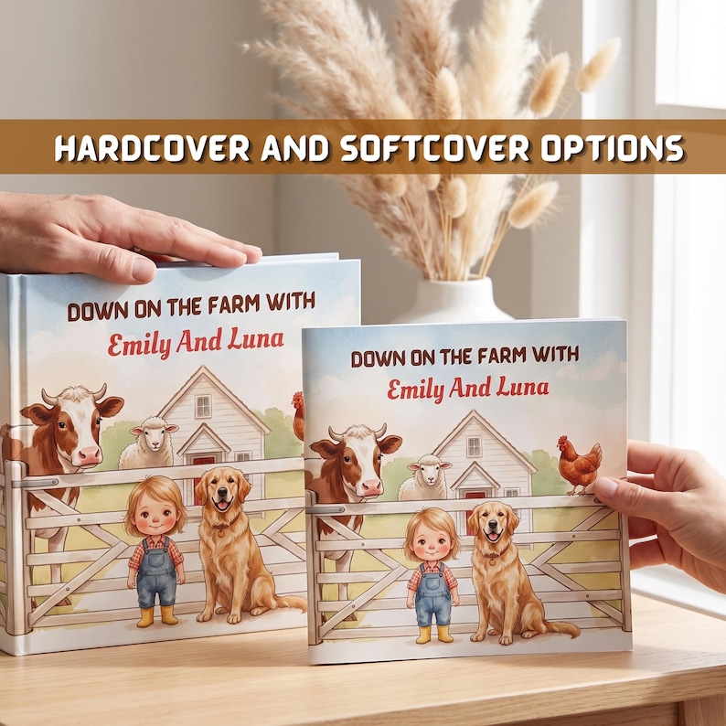 K&ouml;nnte beinhalten: Zwei Kinderb&uuml;cher mit dem Titel Down on the Farm with Emily And Luna, illustriert mit einer Kuh, einem Schaf, einem Huhn, einem Hund und einem Kind in Latzhose. Die Cover zeigen eine Farm mit einem wei&szlig;en Haus. Hardcover- und Softcover-Optionen.