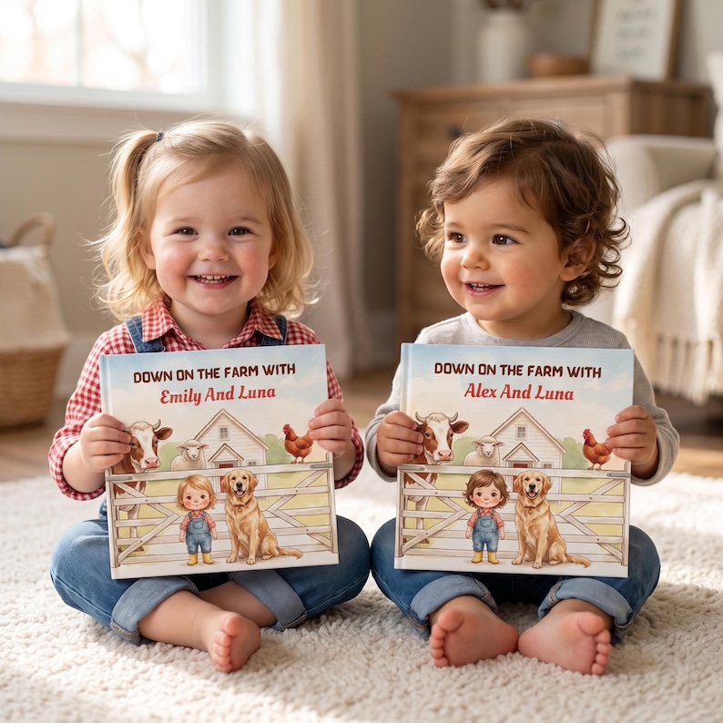 K&ouml;nnte beinhalten: Zwei personalisierte Kinderb&uuml;cher mit den Titeln Down on the Farm with Emily and Luna und Down on the Farm with Alex and Luna. Die Cover zeigen Illustrationen einer Kuh, eines Schafs, eines Huhns, eines Kindes in Latzhose und eines Golden Retrievers.