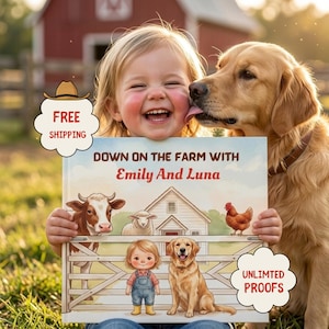 K&ouml;nnte beinhalten: Ein Kinderbuch mit festem Einband und dem Titel Down on the Farm with Emily and Luna. Das Cover zeigt eine farbenfrohe Illustration einer Kuh, eines Schafs, eines Huhns, eines Kindes in Latzhose und eines Golden Retrievers vor einem Bauernhaus.