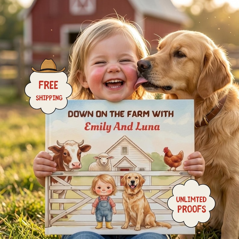 K&ouml;nnte beinhalten: Ein Kinderbuch mit festem Einband und dem Titel Down on the Farm with Emily and Luna. Das Cover zeigt eine farbenfrohe Illustration einer Kuh, eines Schafs, eines Huhns, eines Kindes in Latzhose und eines Golden Retrievers vor einem Bauernhaus.