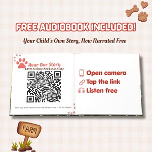 K&ouml;nnte beinhalten: Eine offene Buchseite mit einem gro&szlig;en QR-Code, dem Text Hear Our Story, Listen to Emily And Luna's story und den Anweisungen: Open camera, Tap the link, Listen free. Dar&uuml;ber steht FREE AUDIOBOOK INCLUDED! Your Child's Own Story, Now Narrated Free.