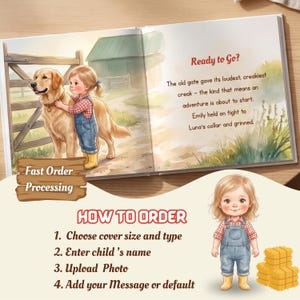 K&ouml;nnte beinhalten: Ein Kinderbuch, das auf einer Seite mit einer Illustration eines Golden Retrievers und eines Kindes in Jeanslatzhose an einem Holztor aufgeschlagen ist. Der Text lautet: Ready to Go? The old gate gave its loudest, creakiest creak.