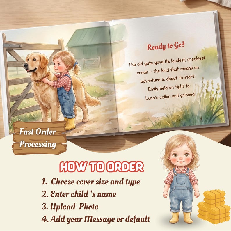 K&ouml;nnte beinhalten: Ein Kinderbuch, das auf einer Seite mit einer Illustration eines Golden Retrievers und eines Kindes in Jeanslatzhose an einem Holztor aufgeschlagen ist. Der Text lautet: Ready to Go? The old gate gave its loudest, creakiest creak.