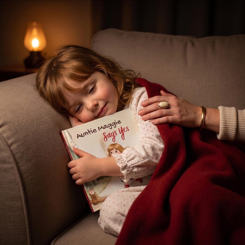 May include: A hardcover children's book titled Auntie Maggie Says Yes with an illustrated cover, held by a child wearing white pajamas with small red dots, covered by a solid deep red blanket while resting on a neutral-colored sofa.
