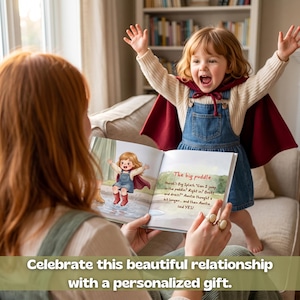 May include: A children's picture book titled The big puddle, featuring an illustration of a child in a red cape and blue denim overalls jumping in a puddle. The text reads: Marah's Big Splash Can I jump in the puddle? Right in? Boots and dress? Auntie thought a bit longer... and then Auntie said YES!