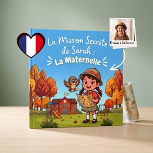 May include: A square children's book titled La Mission Secrète de Sarah: La Maternelle, featuring a cartoon girl with a map and an owl in front of a school. Includes a small inset photo of a girl in a hat and a rolled-up map accessory.