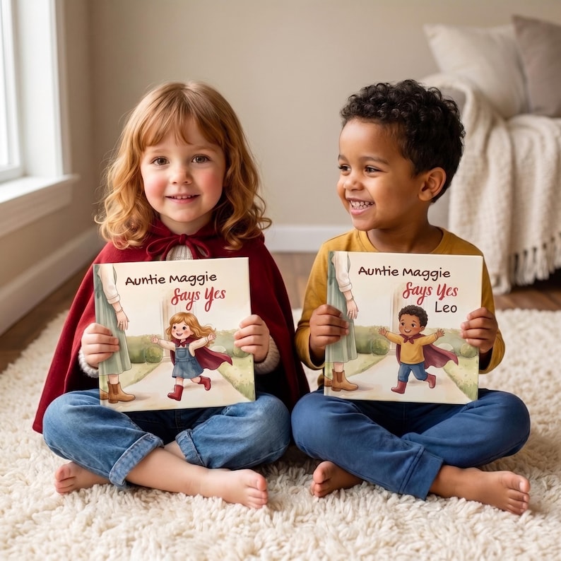 May include: Two children holding illustrated storybooks titled Auntie Maggie Says Yes. The books feature a drawing of a child in a cape running toward an adult. The children are wearing casual clothing, including a red cape and a mustard yellow shirt.