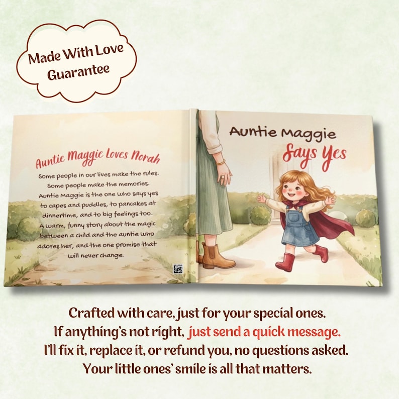 May include: A children's picture book titled Auntie Maggie Says Yes, featuring an illustration of a young child with long brown hair wearing a blue denim dress, a red cape, and red boots running toward an adult wearing a green skirt and brown boots.
