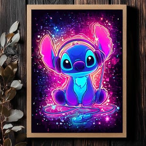 May include: A framed art print featuring a neon-style illustration of a blue cartoon character wearing headphones. The artwork has a vibrant color scheme of blue, purple, and pink, set against a dark background with a starry effect. The frame is made of light brown wood.
