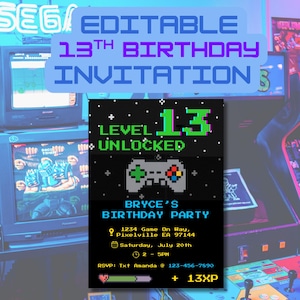 Editable 13th Birthday Invitation | Level 13 Unlocked Gamer Party | Digital Pixel Invites for Teen Boy | Video Game Birthday Template