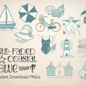May include: A collection of coastal-themed illustrations in shades of blue and beige. Includes a sailboat, umbrella, bicycle, seashells, pelican, beach hat, swimsuit, lighthouse, and beach huts. Text reads "Sun-Faded Coastal Blue".