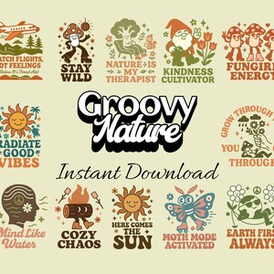 Groovy Nature Vibes ClipArt Sammlung mit Positiven Botschaften für Sublimationsdesign und sofortigen Download