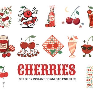 May include: A collection of 12 digital PNG files featuring cherry-themed illustrations. The images include cherries on a branch, a cherry character skateboarding, a bottle of Cherry Pop, a cherry cocktail, and a jar of Sweet & Tart jam.