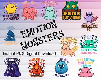 Playful Emotion Monsters ClipArt Set - Better Days Ahead, Buffering Emotion, Vibe Check Chill, and More for Instant Download