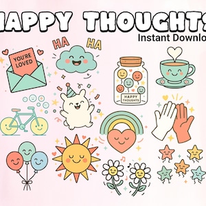 Spielerische glückliche Gedanken Cartoon ClipArt Sammlung - Fröhliche Elemente zum Sofort-Download und Sublimations-Design