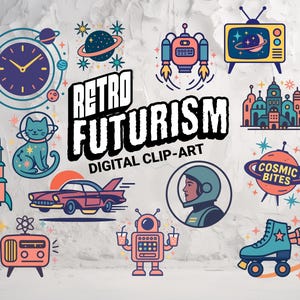 Retro Futuristische ClipArt Sammlung mit Kosmischen Bissen und skurrilen Charakteren zum sofortigen Download und Sublimationsdesign