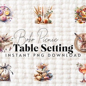 May include: Watercolor illustrations of a boho picnic table setting. The image includes a variety of elements such as a plate of pastries, candles, a basket of food, a gift bag, and a glass of wine. Text reads "Boho Picnic Table Setting Instant PNG Download."