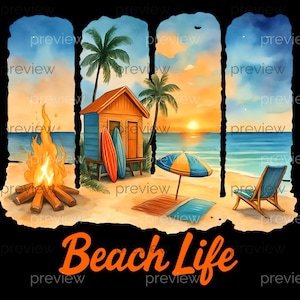 Beach Life Collage Clip Art - Lebendige Strandszene mit Surfbrettern, Palmen und Entspannung - Sofortiger Download für Sublimationsdesign