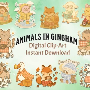 May include: Digital clip art featuring various animals in gingham patterns. The image includes a hedgehog, pig, fox, sheep, and duck, each with unique accessories and text labels like "Nap Mode" and "Pasture Chic".