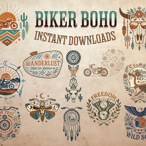 Collezione Biker Boho Rustic ClipArt - Disegni Ride Free e Wanderlust per download istantanei e progetti di sublimazione