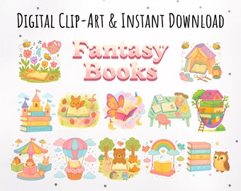 May include: Digital clip art and instant download featuring whimsical illustrations of fantasy books. The image includes colorful scenes with animals, castles, and rainbows, all centered around the theme of reading and storytelling. The text "Fantasy Books" is prominently displayed.