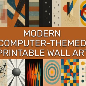 Peut inclure: Une collection d'art mural imprimable sur le thème de l'informatique moderne. Les œuvres présentent des formes géométriques, du code binaire et le mot "LOOP". Le texte "MODERN COMPUTER-THEMED PRINTABLE WALL ART" est affiché sur un fond marron.