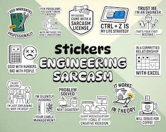 Colección de pegatinas de sarcasmo de ingeniería: bueno con los números, malo con la gente y lo consiguió. Descarga instantánea de imágenes prediseñadas.