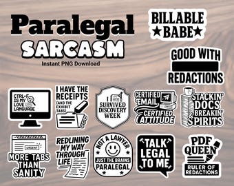 Colección de pegatinas de sarcasmo de asistente legal: Billable Babe, Correo electrónico certificado, CTRL F es mi lenguaje del amor y más - Descarga instantánea de imágenes prediseñadas