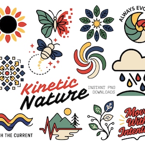 Puede incluir: Una colección de ilustraciones digitales coloridas con diseños inspirados en la naturaleza. Incluye un girasol, una mariposa, una abeja y otros gráficos con el texto "Kinetic Nature", "Catch the Current", "Always Evolving" y "Move With Intention".