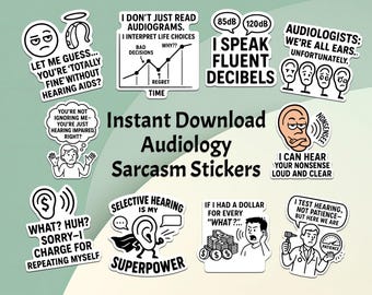 ClipArt de adesivos de sarcasmo para audiologia - Humor para todos os ouvidos, piadas sobre deficiência auditiva e citações cômicas de fonoaudiólogos para download instantâneo