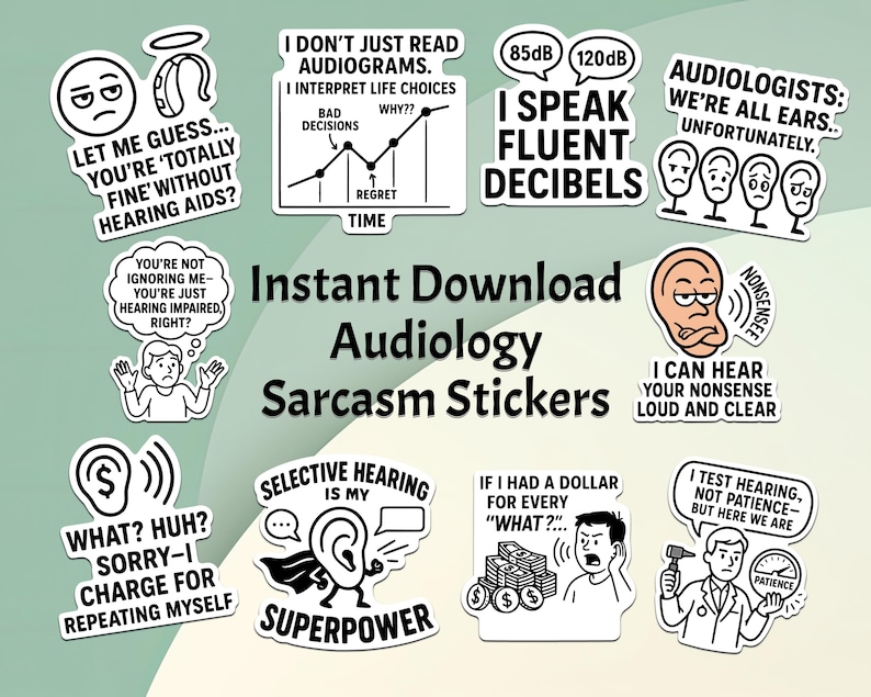 Puede incluir: Un conjunto de pegatinas blancas con texto e ilustraciones en negro sobre audiolog&iacute;a y audici&oacute;n. Las pegatinas presentan frases y gr&aacute;ficos humor&iacute;sticos, incluyendo bocadillos, aud&iacute;fonos y gr&aacute;ficos. Tambi&eacute;n est&aacute;n presentes las palabras "Instant Download Audiology Sarcasm Stickers".