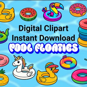 Collection de cliparts de flotteurs de piscine de dessins animés colorés pour des plaisirs estivaux, téléchargement immédiat, sublimation de conception et graphiques de fête à la piscine