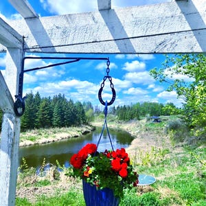 Peut inclure: Un pot de fleurs suspendu bleu rempli de fleurs rouges et de feuillage vert. Le pot est suspendu à un support et une chaîne en métal décoratifs, fixés à une pergola blanche. L'arrière-plan présente une rivière, des arbres et un ciel bleu nuageux.