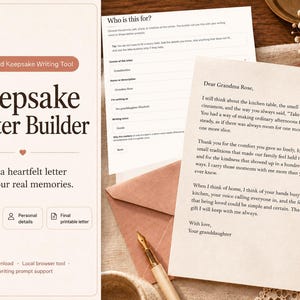 May include: A digital tool interface titled Keepsake Letter Builder with guided prompts, personal details, and final printable letter features. Beside it, a printed letter addressed to Grandma Rose rests on a pink envelope with a gold fountain pen.