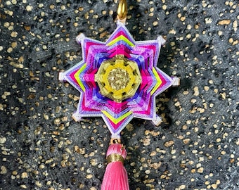 Sacred Geometry Mandala Pendant Necklace – Vibrant Color Wooden Boho Jewelry – Spiritual Statement Handmade Gift