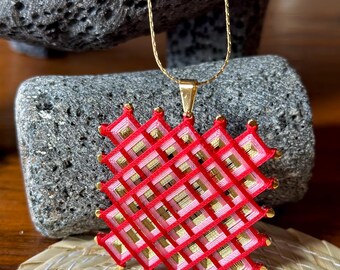 Tibetan Mandala Pendant Necklace – Red & Gold Embroidered Boho Jewelry – Spiritual Statement Stainless Steel Necklace – Handmade Gift