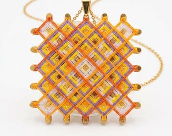 Tibetan Mandala Pendant Necklace – Orange, yellow, Gold- Embroidered Jewelry – Spiritual Statement Stainless Steel Necklace – Handmade Gift