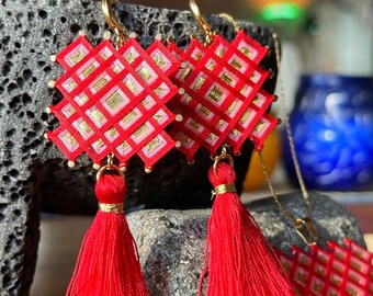 Red Tibetan Mandala Earrings Handmade. Spiritual gift.