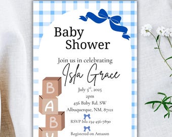 Blaue Schleife Preppy Gingham-Babyparty-Vorlage, klassische Babyblöcke einladen, blaue Babyparty für Jungen, bearbeitbare Canva einladen