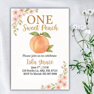 One Sweet Peach First Birthday Invitation Girl, Peach Birthday Party Invite Template, Editable 1st Birthday, Printable Summer Baby Invite