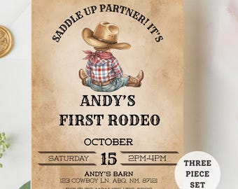 May include: A rustic-themed invitation for "Andy's First Rodeo." The design features a watercolor illustration of a cowboy, a cowboy hat, and the text "Saddle Up Partner! It's Andy's First Rodeo." The invitation includes the date, time, and location.