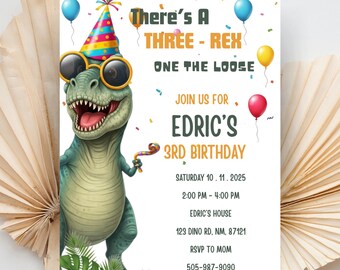 Dinosaur Birthday Invitation, Three Rex Birthday Invite, Boys Third Birthday Dino Party, Three-Rex On The Loose, Editable Canva Template