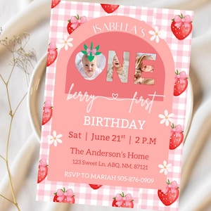 Berry First Birthday Invitation Template, Editable Photo 1st Birthday Party Invitations, Printable Strawberry Birthday Invites