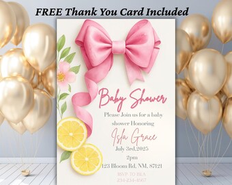 Lemon Baby Shower Invitation Girl, Pink Bow Coquette Baby Invite Template, Editable Baby Shower Card, Printable Invite + Thank You Cards
