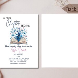 May include: Baby shower invitation with the text "A New Chapter Begins." The invitation features an open book with blue floral illustrations. The back page is blank. The invitation includes the name Isla Grace, date, time, and RSVP information.