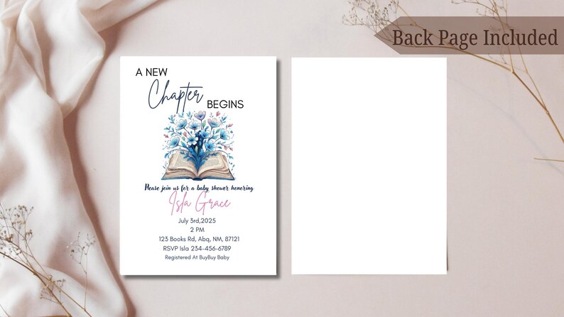 May include: Baby shower invitation with the text "A New Chapter Begins." The invitation features an open book with blue floral illustrations. The back page is blank. The invitation includes the name Isla Grace, date, time, and RSVP information.